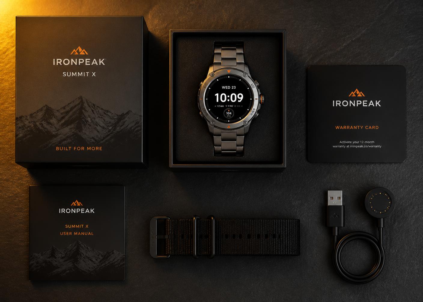 IRONPEAK Summit X komplektacija: laikrodis, atsarginis dirželis, įkroviklis, garantinis lapas