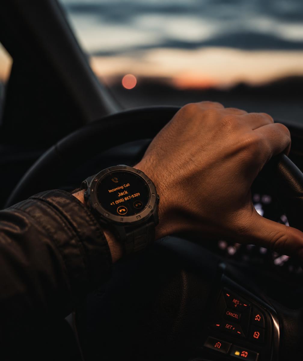 Skambučio atsiliepimas išmaniuoju laikrodžiu vairuojant automobilį